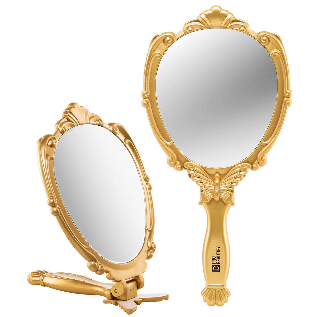 Probeautify Decorative Handheld Compact Mirror- Embossed Butterfly Design- Folding Handle- Lightweight & Portable- 180 Degrees Full Folding- Premium Quality- Ideal For Your Makeup Routine- Travel Mirror (Gold)