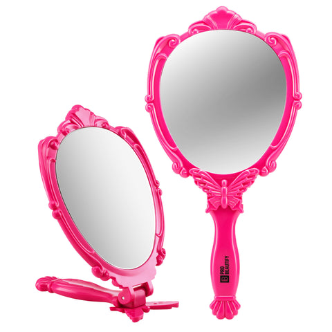 Probeautify Decorative Handheld Compact Mirror- Hot Pink- Embossed Butterfly Design- Folding Handle- Lightweight & Portable- 180 Degrees Full Folding- Premium Quality- Ideal For Your Makeup Routine- Travel Mirror