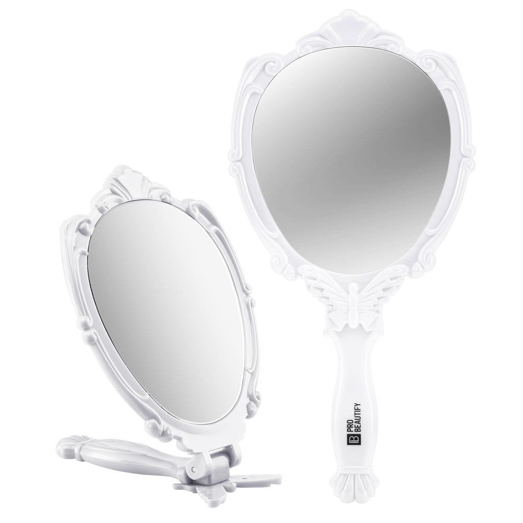 Probeautify Decorative Handheld Compact Mirror- Embossed Butterfly Design- Folding Handle- Lightweight & Portable- 180 Degrees Full Folding- Premium Quality- Ideal For Your Makeup Routine- Travel Mirror (White)
