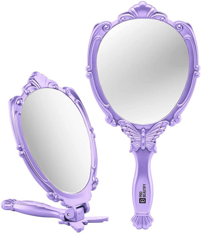 Probeautify Decorative Hand Held Mirror - Beautifully Butterfly Design Hand Mirrors with Handle - Lightweight Mirror - 180 Degrees Full Folding Portable Mirror - Travel Makeup Mirror (Lavender)